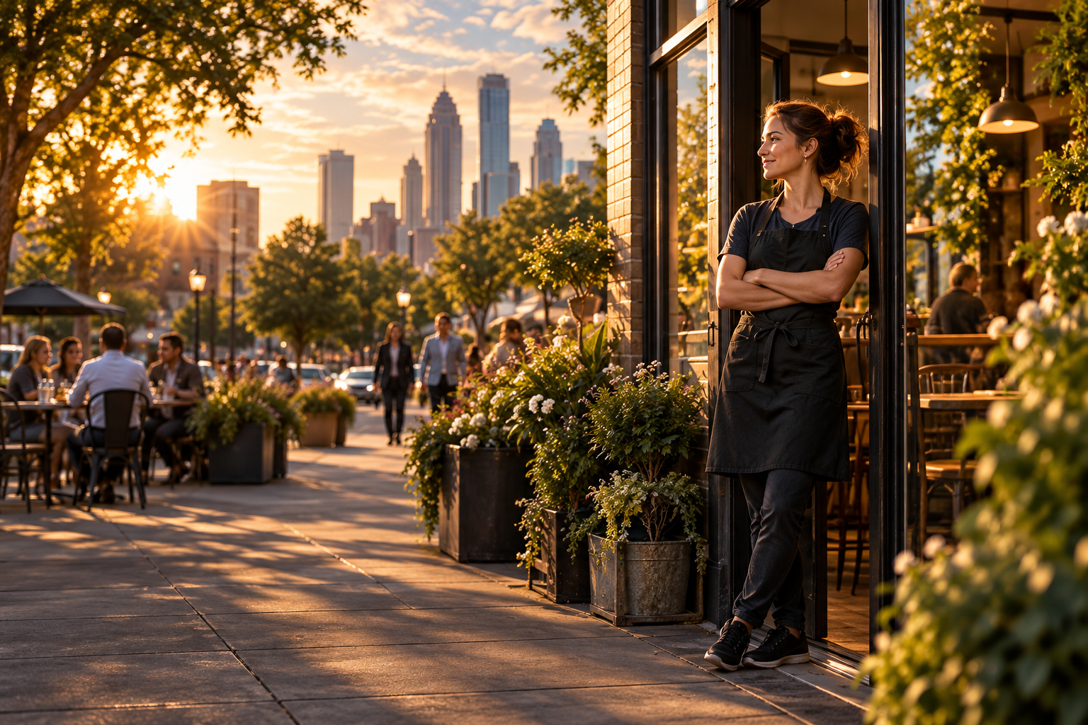 AI-created illustration of a fictional café owner beside a city street at golden hour